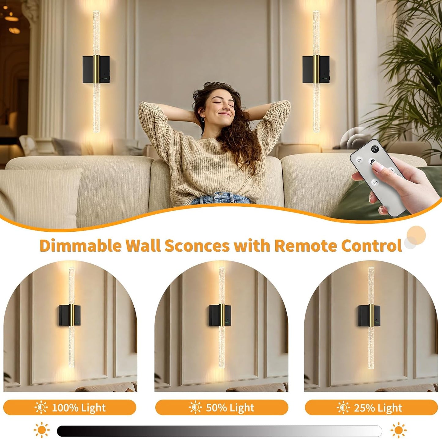 Battery Operated Sconces Set of 2, 28in Rechargeable Wireless Wall Lights | 8000mAh Dimmable Modern LED Wall Lamp Fixtures with Timer Function for Living Room Bedroom Bathroom Hallway, Black