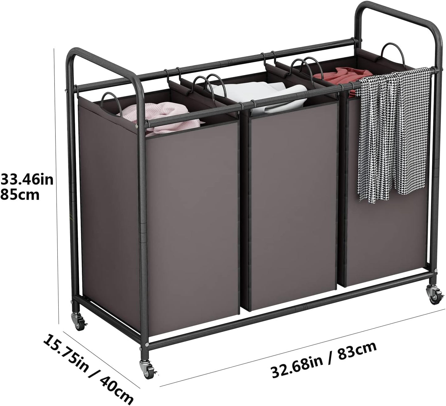 LINZINAR 3 Section Laundry Hamper, Black Laundry Basket 135L Laundry Sorter | Laundry Room Organization with Heavy Duty Rolling Lockable Wheels and Removable Bag, Bedroom Laundry Cart for Clothes Storage
