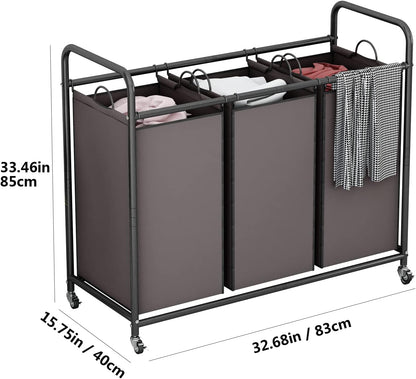 LINZINAR 3 Section Laundry Hamper, Black Laundry Basket 135L Laundry Sorter | Laundry Room Organization with Heavy Duty Rolling Lockable Wheels and Removable Bag, Bedroom Laundry Cart for Clothes Storage