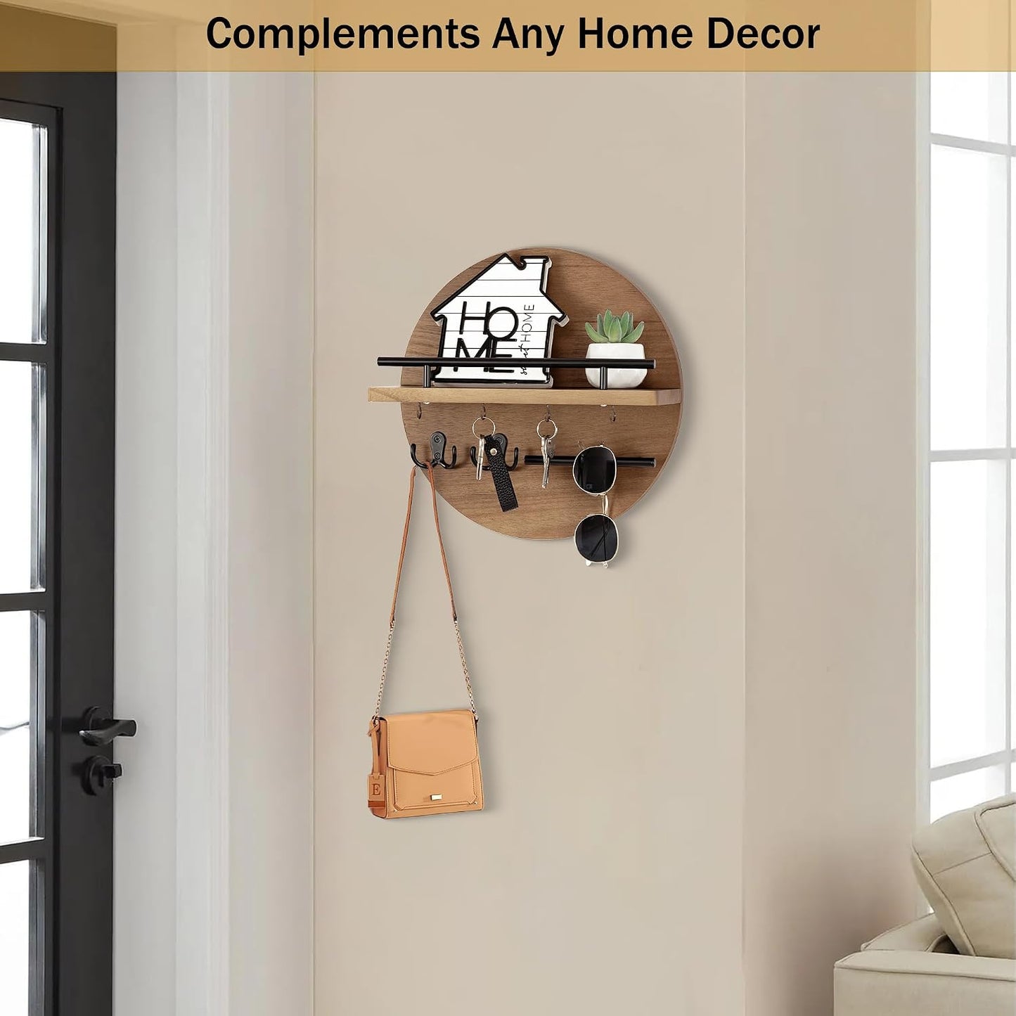 Key Holder for Wall Decorative with Shelf and Hooks, Mail Organizer Wall Mount with Sunglasses Holder, Circular Design Entryway Key Rack Hanger, Rustic Home Decor Boho Wall Decor (White)