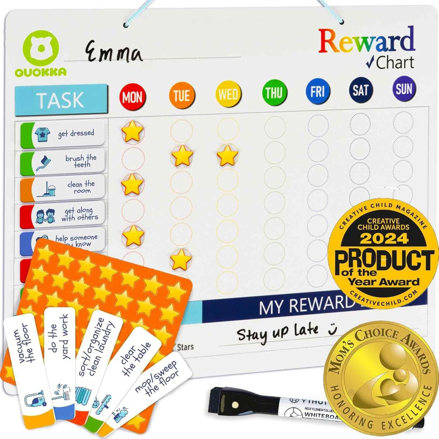 Magnetic Chore Chart for Kids - Reward Behavior Chart for Kids at Home | Dry Erase Morning Routine Schedule Board - Responsibility Star Chart for Toddlers 3-5 - 48 Magnets and 49 Stars