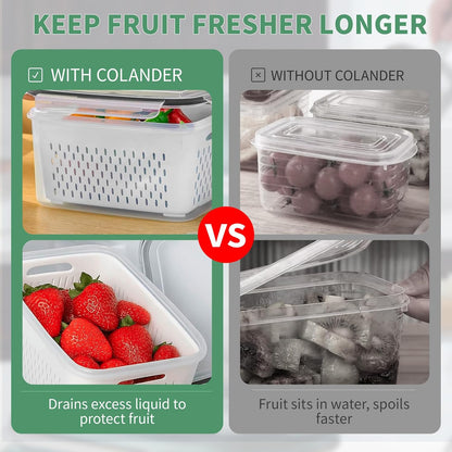 3 Pcs Fruit Containers for Fridge, Strawberry Storage Containers for Fridge, Food Storage Container with Airtight Lid, Removable Colander Basket for Rinsing and Draining, Keep Produce Fresh Longer