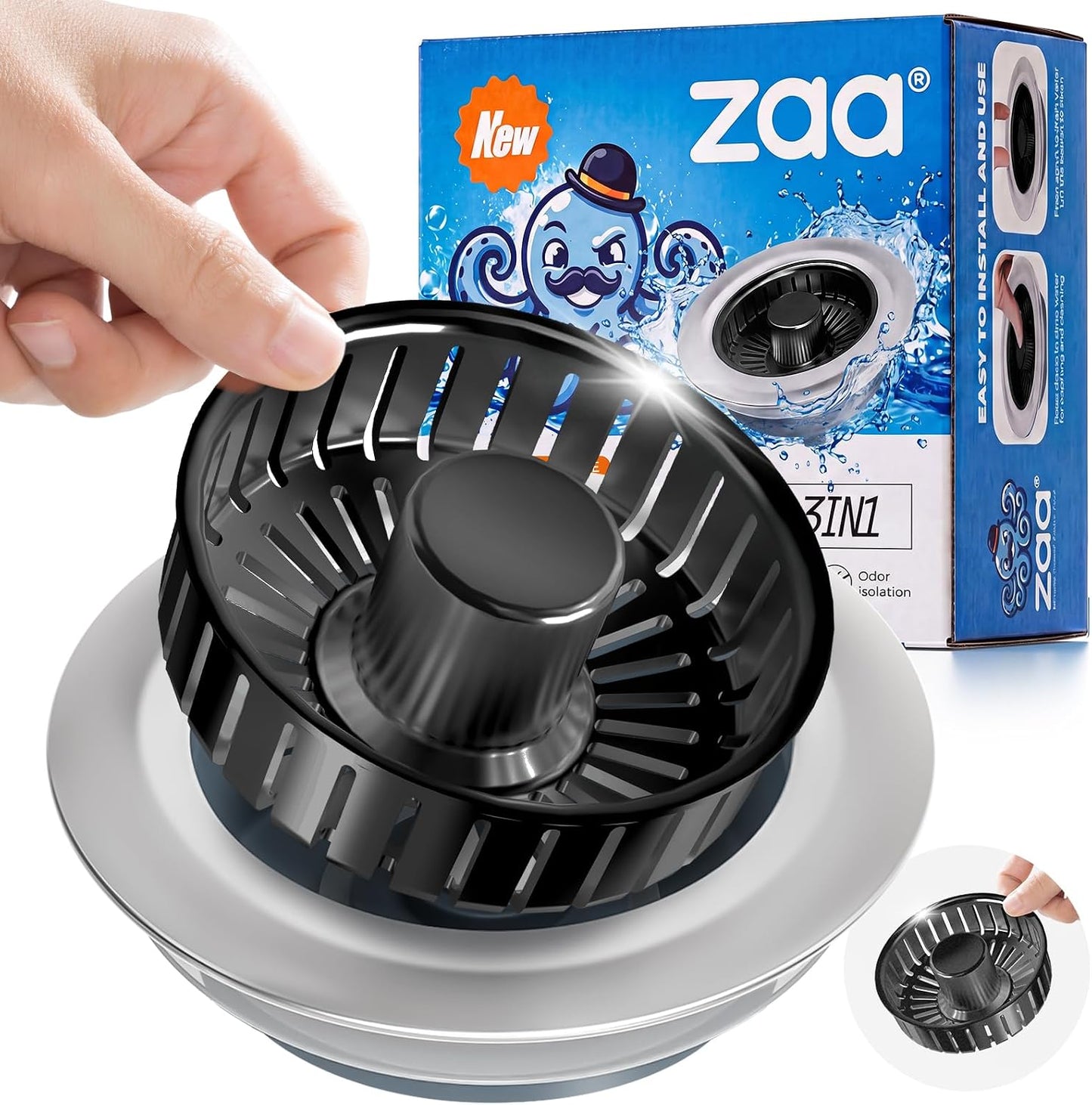 3 in 1 Kitchen Sink Drain Strainer Stopper Removable Basket Pop-Up | Kitchen Sink Food Strainer 1 Pack Silver Stainless - Food Catcher, Odor-Block Seal, Fits 3.5" Drain, Easy Clean