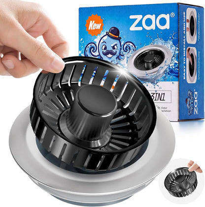3 in 1 Kitchen Sink Drain Strainer Stopper Removable Basket Pop-Up | Kitchen Sink Food Strainer 1 Pack Silver Stainless - Food Catcher, Odor-Block Seal, Fits 3.5" Drain, Easy Clean