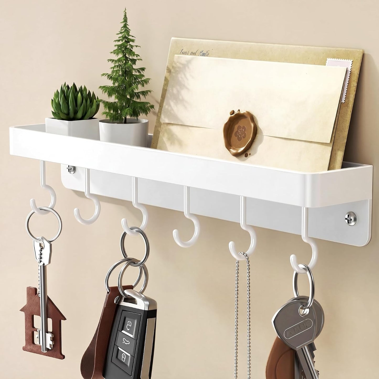 niffgaff Black Key Holder Wall Mount, Stainless Steel Self Adhesive Hooks Rack with Shelf, No Drill Key Hanger for Door and Wall