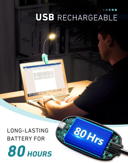 Monotremp Rechargeable Book Lights for Reading at Night, Clip-On 3 Colors | Eye-caring ultralight clip-on, stepless dimming, no flicker, amber mode, 80H runtime, 1.3oz, memory, gift for book lovers.
