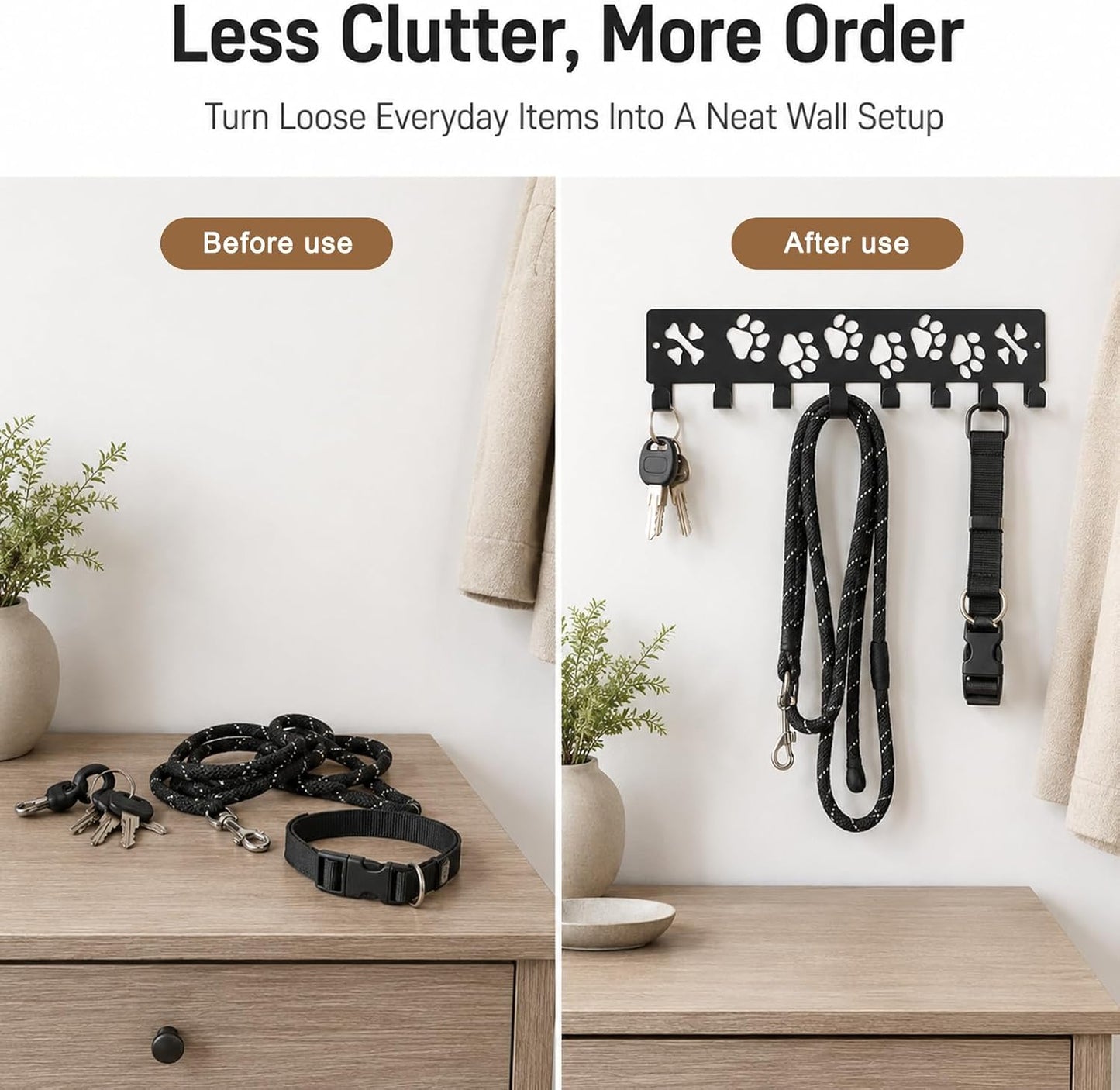 Key Holder Wall Mount & Dog Leash Holder, 8 Hooks 11.81'' × 2.76'' Dog Paws with Dones Design Wall Organizer, Metal Key Rack with Screw Anchors for Entryway, Farmhouse, Kitchen