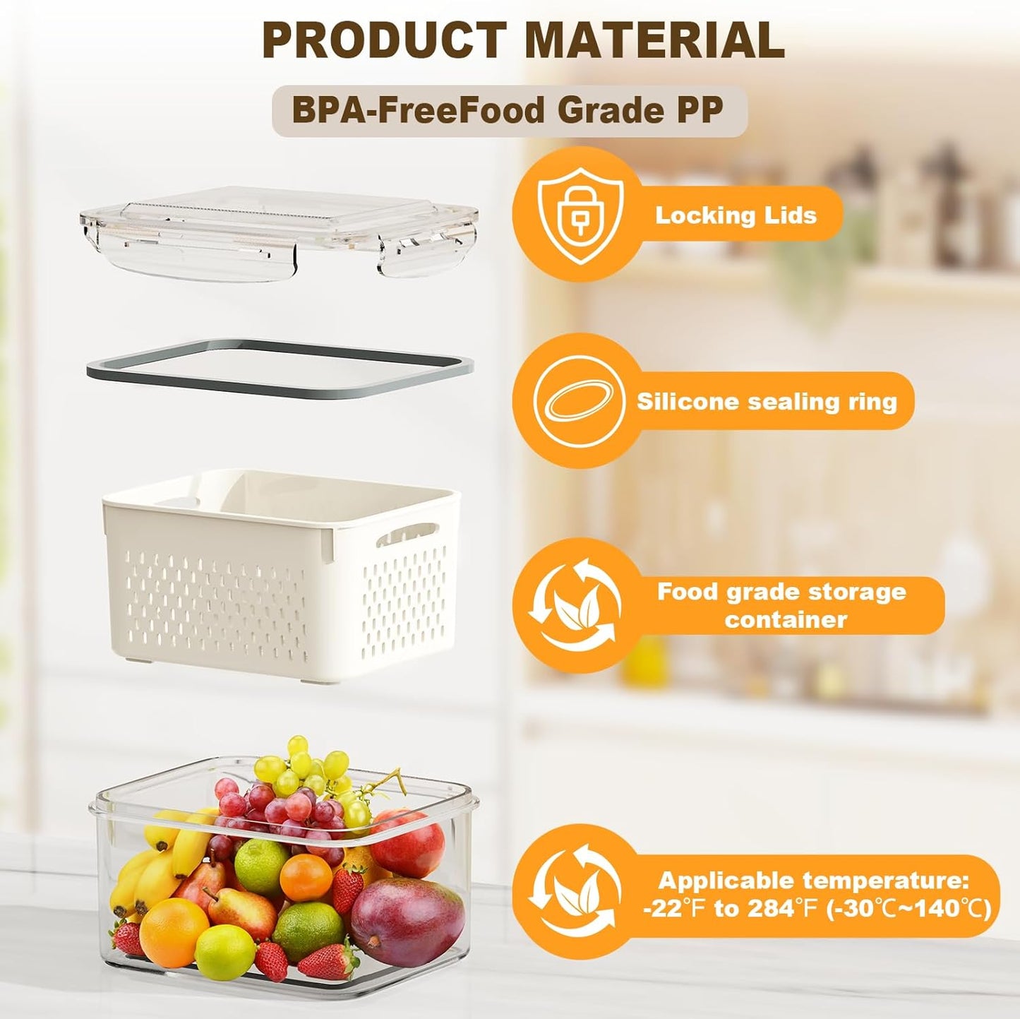 Dayacoco Fruit Storage Containers for Fridge 4 Pcs with Drain Basket | Fridge organizers & storage - 4 fruit containers w/ drain baskets, BPA-free PP, leak-proof seal, stackable, DW/MW safe.