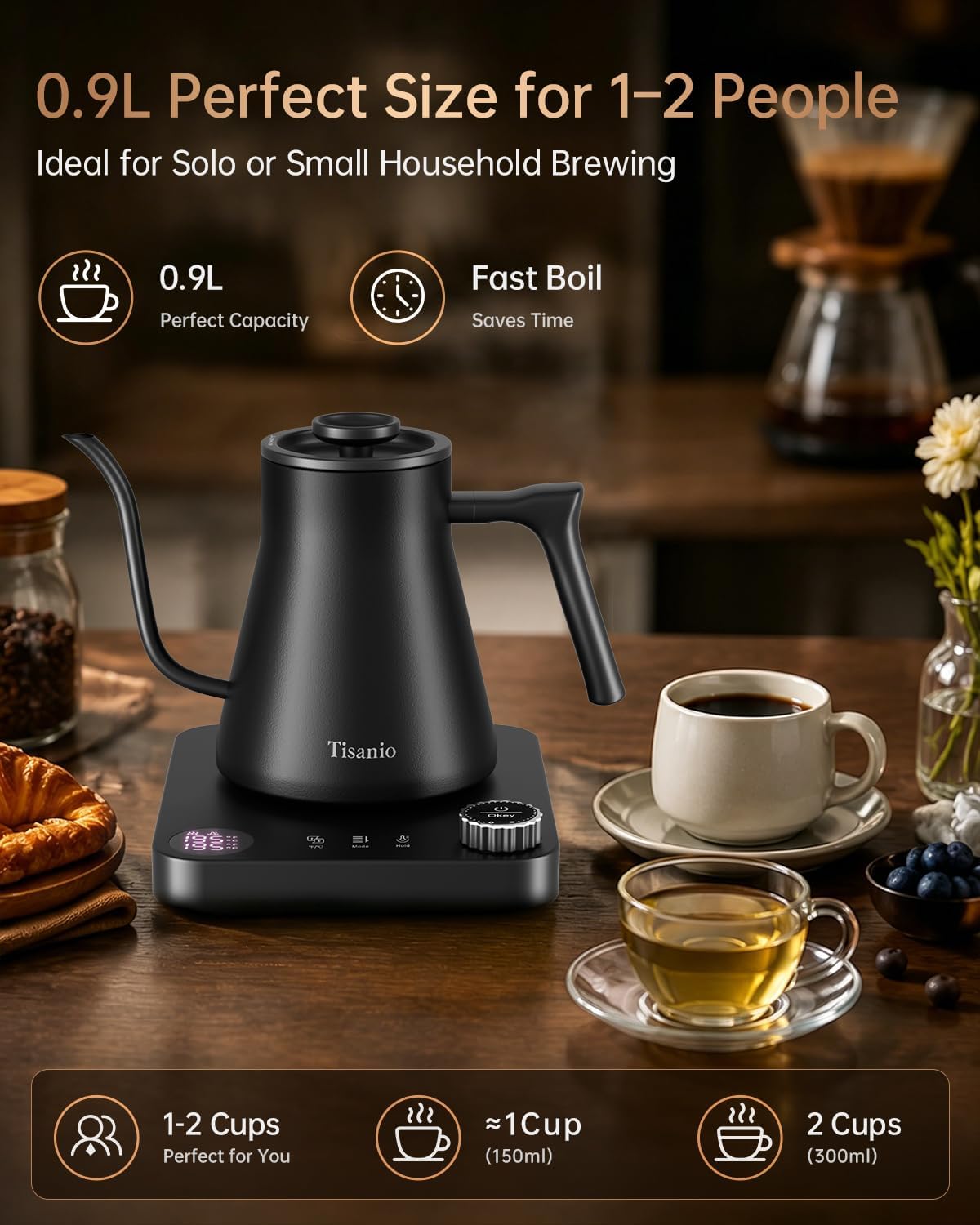 Gooseneck Electric Kettle with Temperature Control, 0.9L, Black | ±1°F Precision Pour Over Kettle, LCD Dual Display, Smart Two-Stage Heating, 2H Keep Warm, 304 Stainless Steel Interior