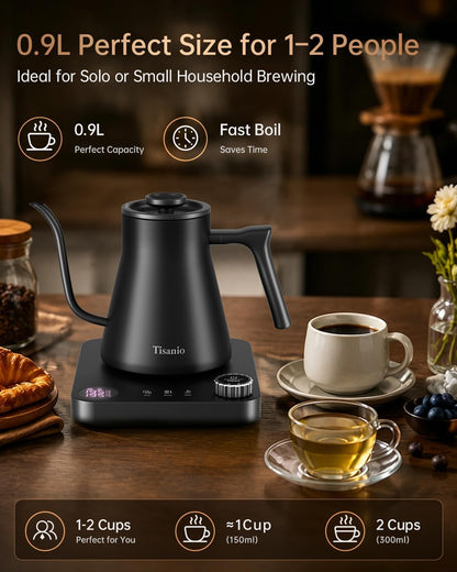 Gooseneck Electric Kettle with Temperature Control, 0.9L, Black | ±1°F Precision Pour Over Kettle, LCD Dual Display, Smart Two-Stage Heating, 2H Keep Warm, 304 Stainless Steel Interior
