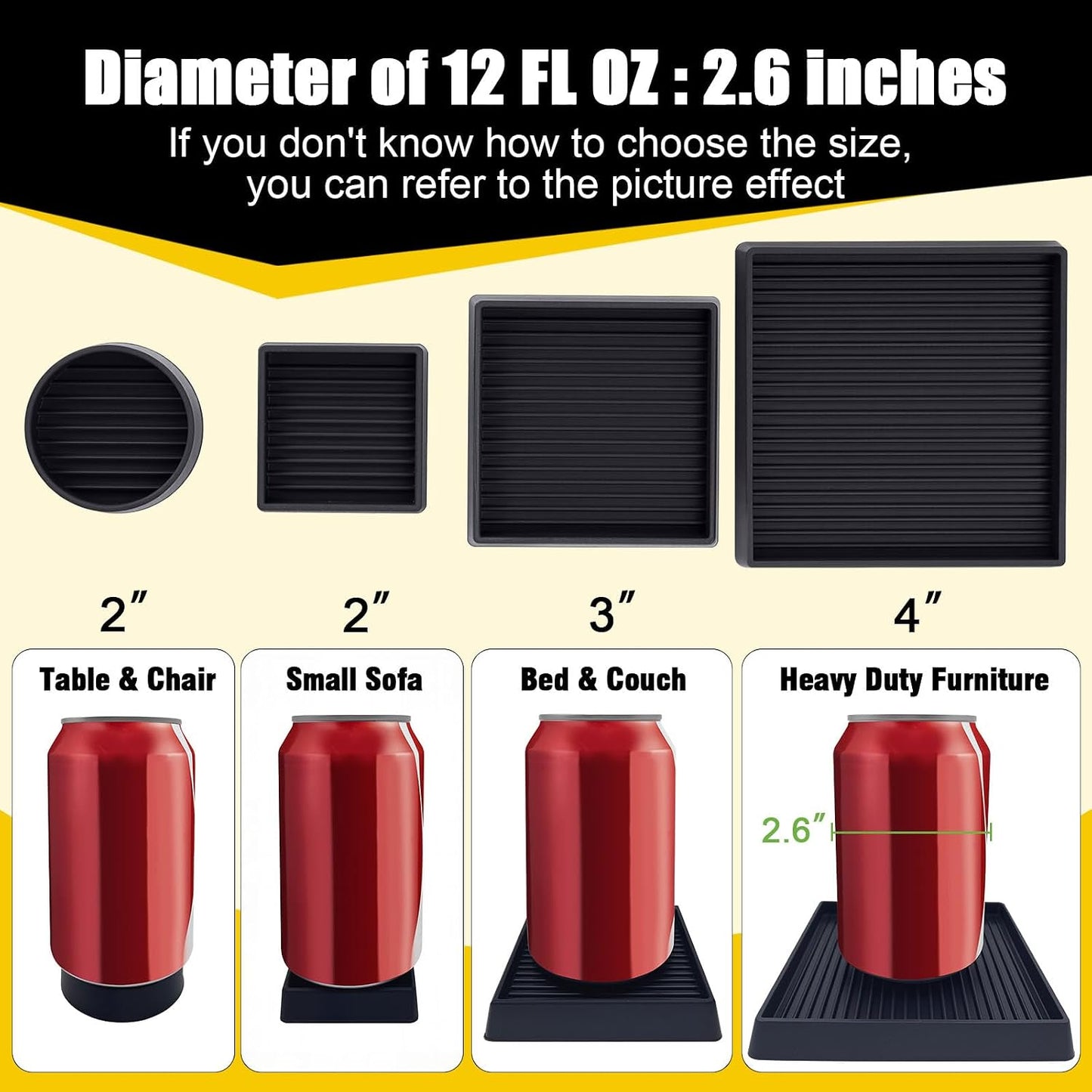 xxxHOLIC Rubber Non Slip Furniture Pads, 2" Black Round, Set of 4 | Furniture Grippers for Hardwood Floors, Anti Skid Caster Cups, Bed Frame & Couch Stoppers, Floor Protectors for Heavy Duty