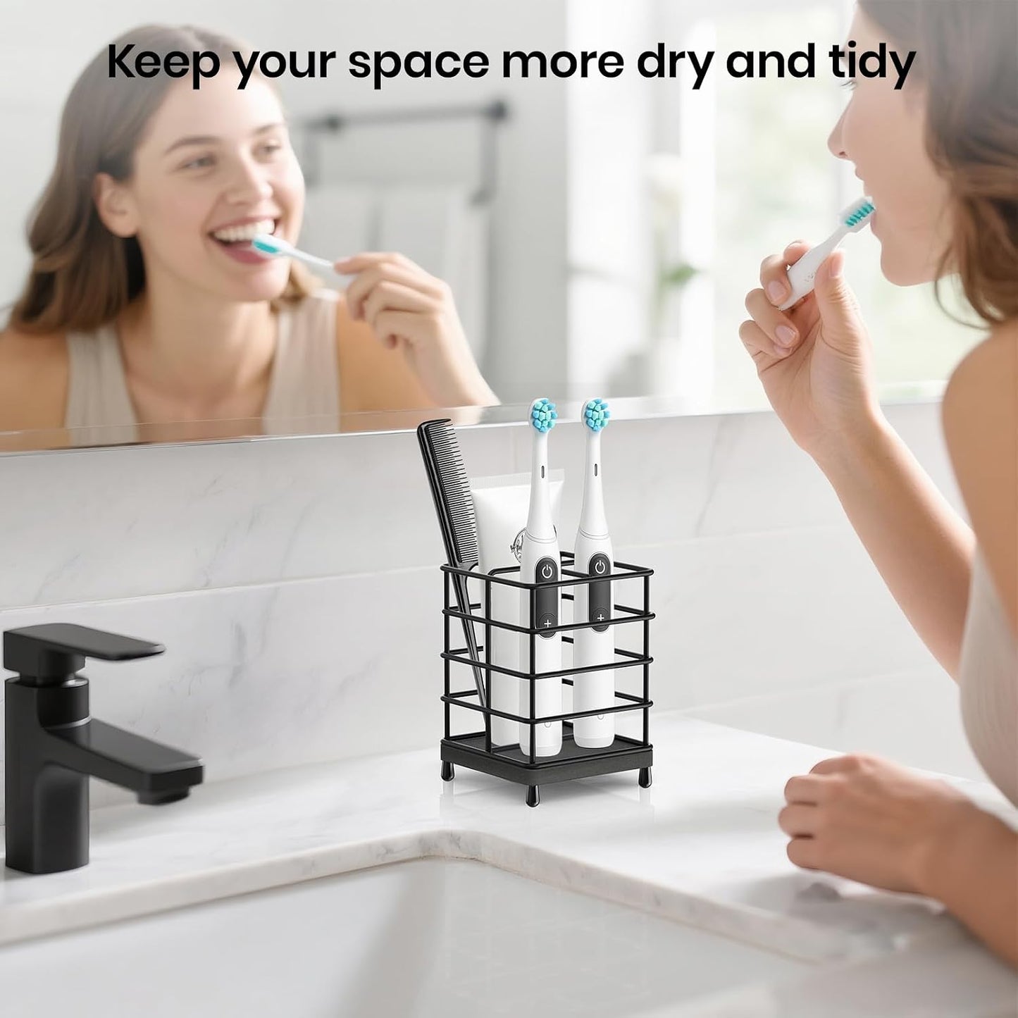 Toothbrush Holder with Quick Drying Mat—Toothbrush and Toothpaste Holders for Bathrooms—5 Slots Openwork Design Black Toothbrush Holder Set,Bathroom Counter Organizer for Electric Toothbrush