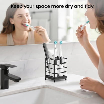 Toothbrush Holder with Quick Drying Mat—Toothbrush and Toothpaste Holders for Bathrooms—5 Slots Openwork Design Black Toothbrush Holder Set,Bathroom Counter Organizer for Electric Toothbrush
