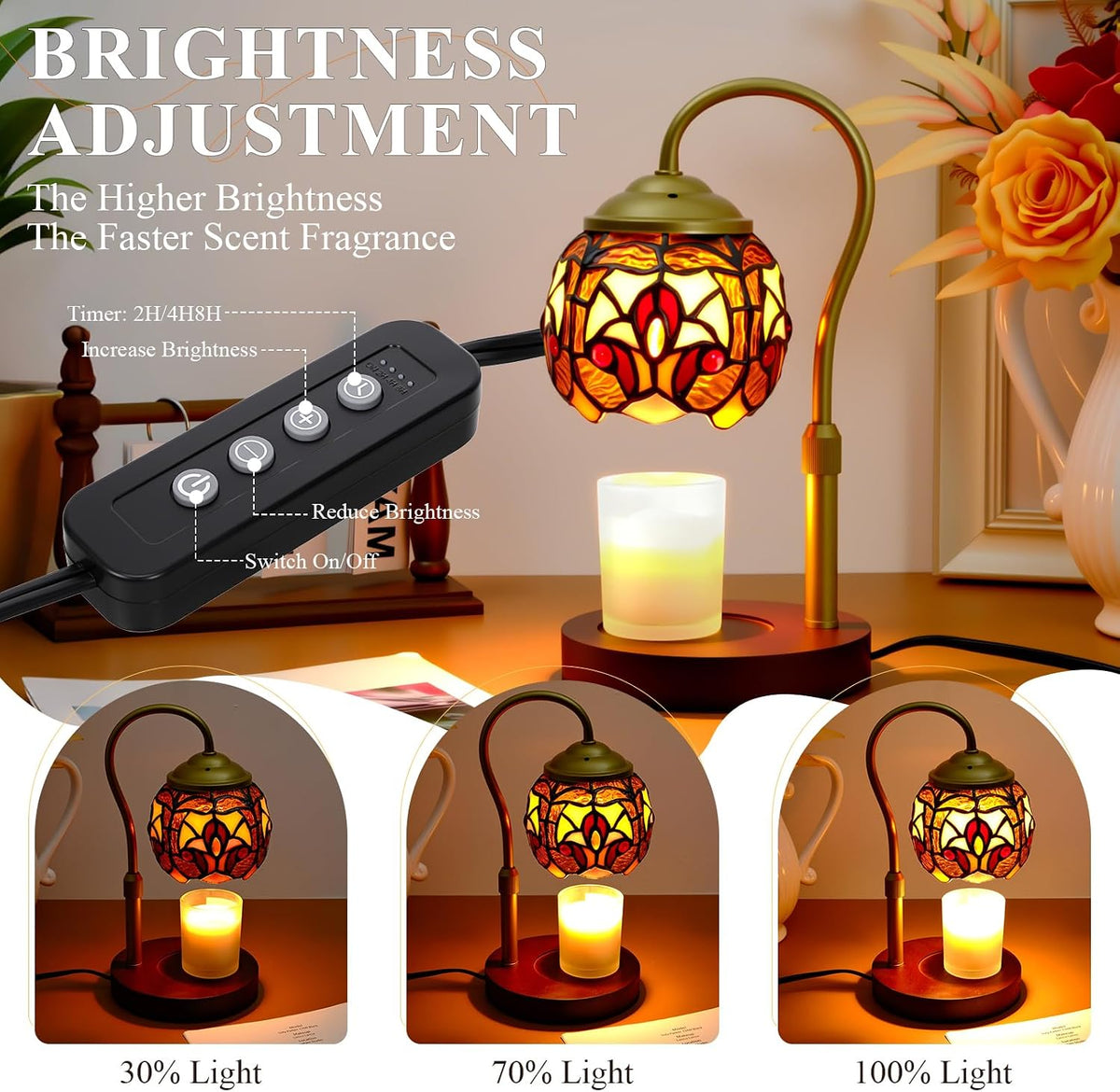 Candle Warmer Lamp - Electric Candle Lamps Timer Dimmer, Sunflower Tiffany Style Stained Glass Candle Warming Lamp Compatible with Jar Candles Valentine Birthday Gifts for Mom Friend Wax Melt Warmer