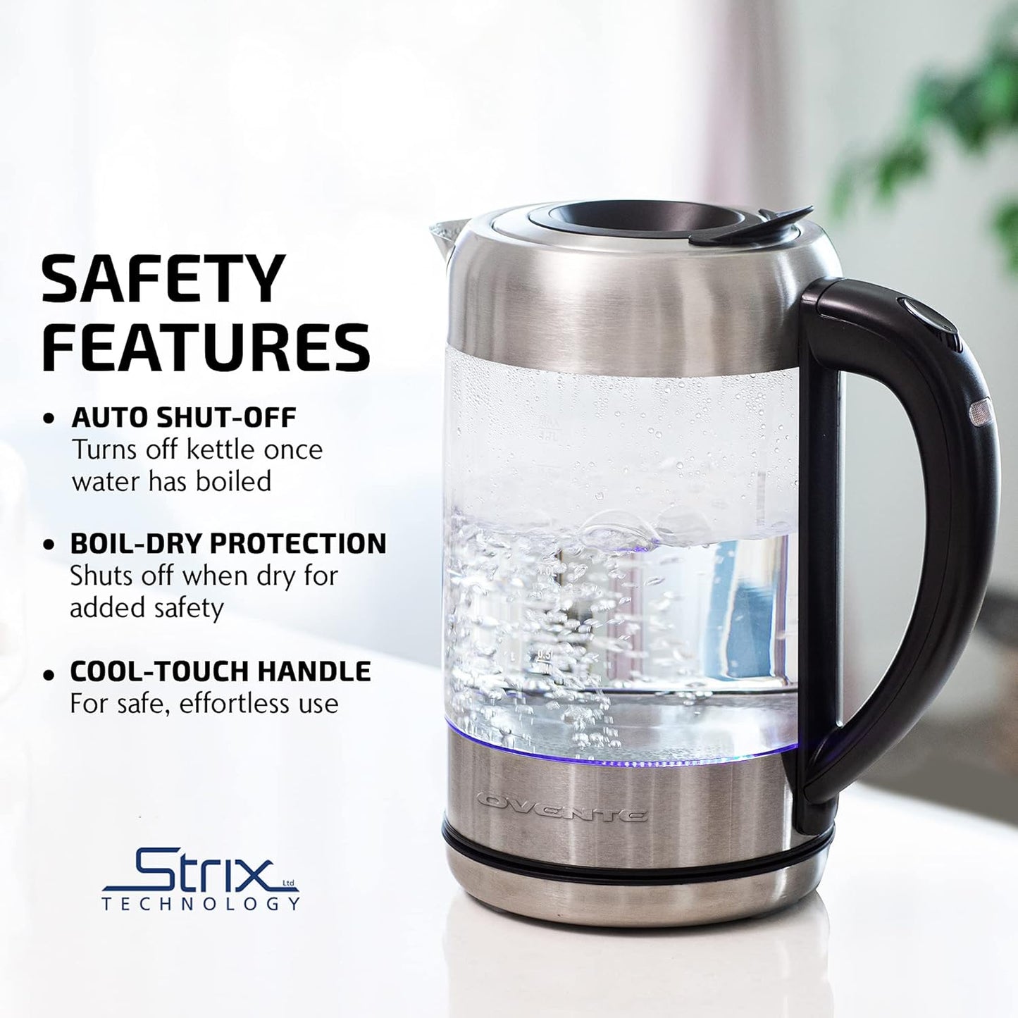 OVENTE 1.8L Glass Electric Kettle Water Boiler, Silver KG751S | 1500W Fast Boiling, Easy Fill Lid, Borosilicate Glass, BPA-Free, Blue LED, Auto Shut-Off, Boil-Dry Protection, Cordless