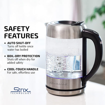 OVENTE 1.8L Glass Electric Kettle Water Boiler, Silver KG751S | 1500W Fast Boiling, Easy Fill Lid, Borosilicate Glass, BPA-Free, Blue LED, Auto Shut-Off, Boil-Dry Protection, Cordless