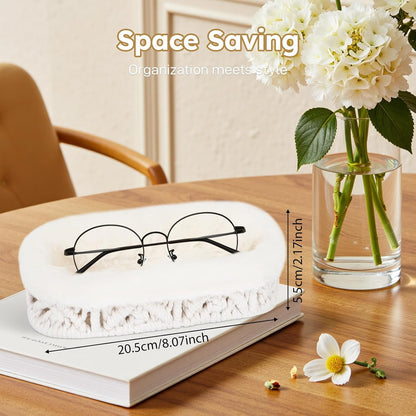 Glasses Holder, Anti-scratch Plush Lined Eyeglass Holder Stand | Oval Eye-glasses Storage Organizer Case for Nightstand, Office Desk, Bedside Table, Beige