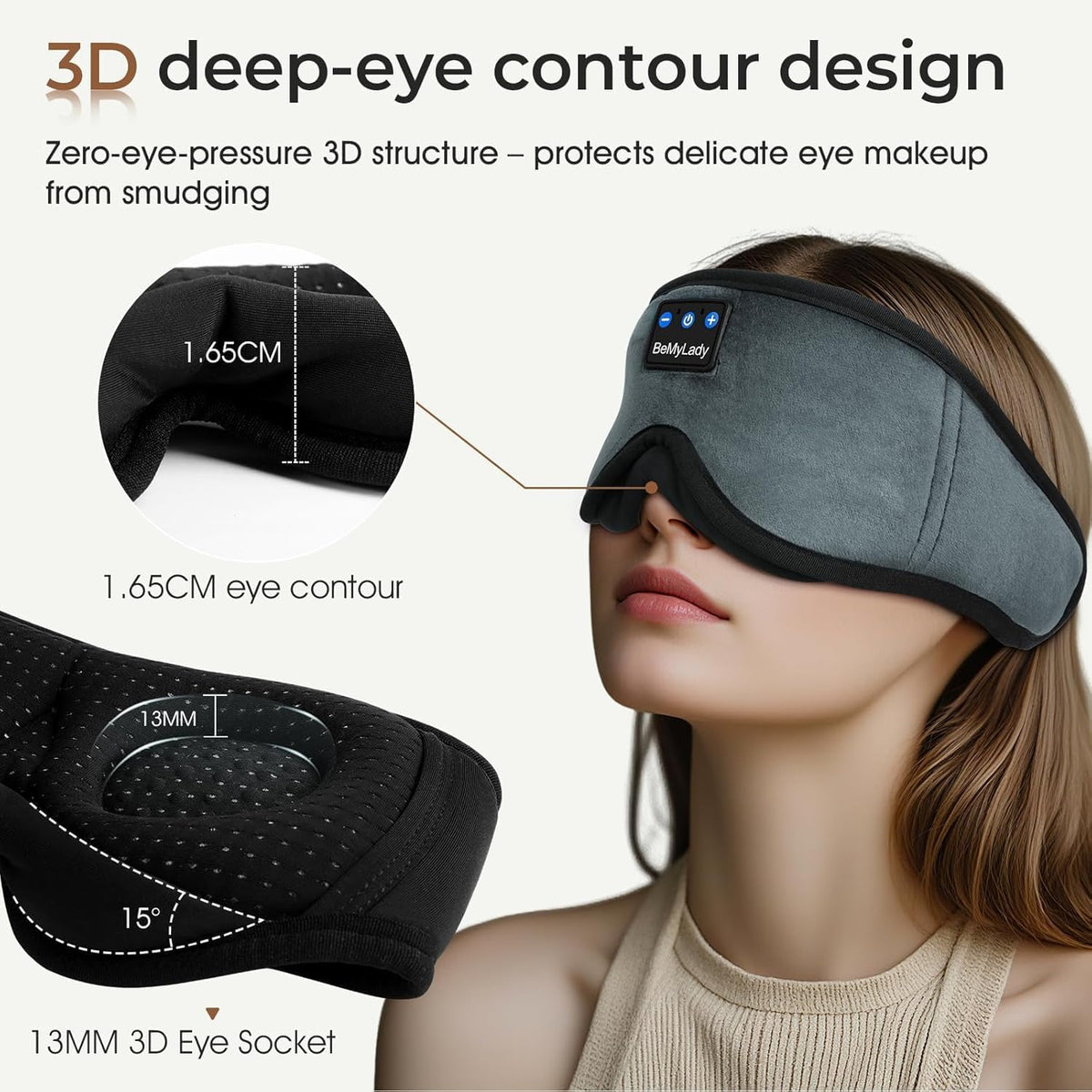 Bamboo Cotton Sleep Mask with Bluetooth Headphones, 100% Blackout, Grey