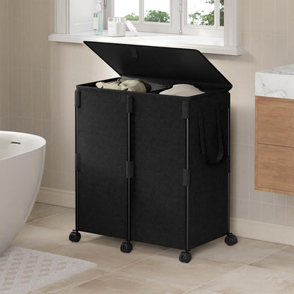 140L Double Laundry Hamper with Lid and 6 Wheels, Rolling Laundry Basket | Gasvadivum Metal Frame Laundry Sorter 2 Section with 2 Removable Bags, Large Clothes Cart for Bedroom, Bathroom, Black