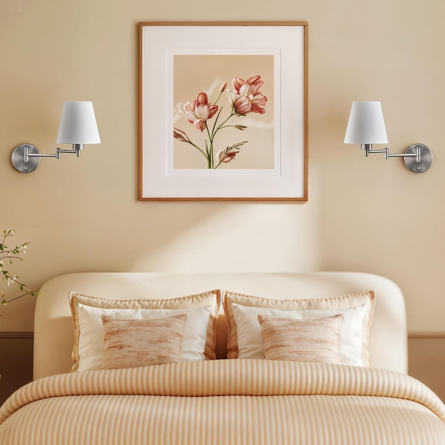 VONLUCE Wall Lamp, Plug in & Swing Arm Wall Sconce, Nickel Finish | Modern Wall Lights with White Fabric Shades, Plug in & Hardwired Wall Mounted Light for Bedside, Living Room, Hallway