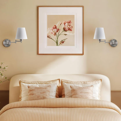 VONLUCE Wall Lamp, Plug in & Swing Arm Wall Sconce, Nickel Finish | Modern Wall Lights with White Fabric Shades, Plug in & Hardwired Wall Mounted Light for Bedside, Living Room, Hallway