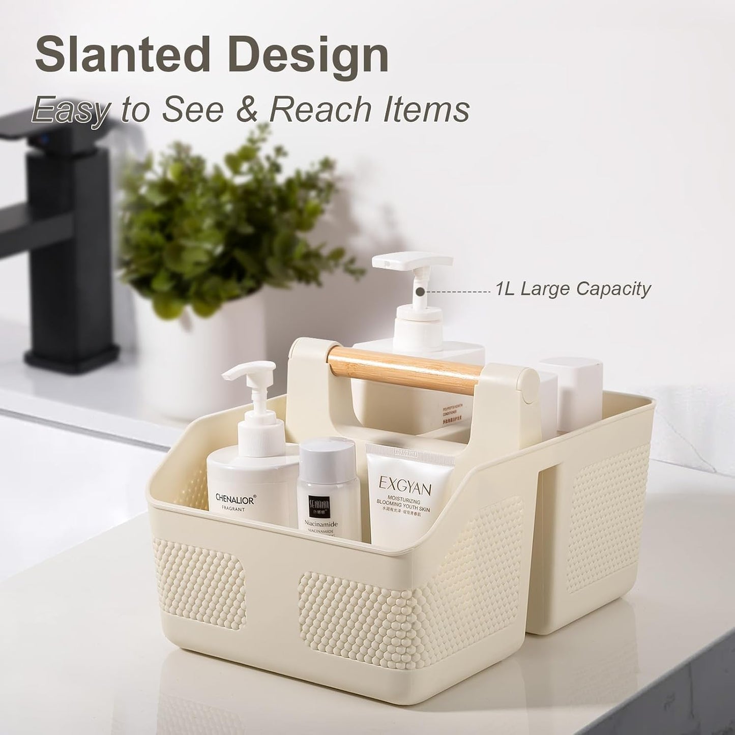 Plastic Shower Caddy Portable Shower Basket with Bamboo Handle, White | Cleaning Caddy Organizer Storage Tote for Bathroom, College Dorm Essentials, Bath Toy Storage