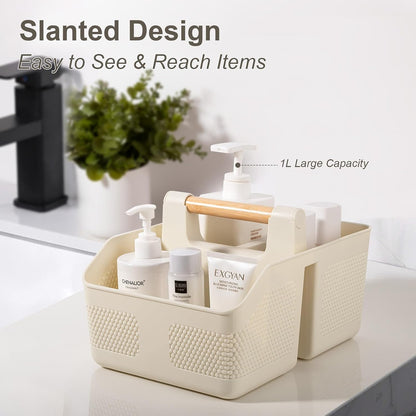 Plastic Shower Caddy Portable Shower Basket with Bamboo Handle, White | Cleaning Caddy Organizer Storage Tote for Bathroom, College Dorm Essentials, Bath Toy Storage