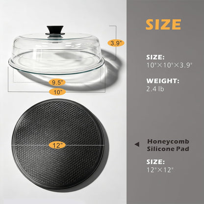 Glass Microwave Splatter Cover with Mat for Food, 10 Inch Guard Lid | Lightweight Borosilicate Glass, Food Grade, Silicone Knob, 2 Vents, 3.1in Tall to Cover Bowls and Plates, Dishwasher Safe