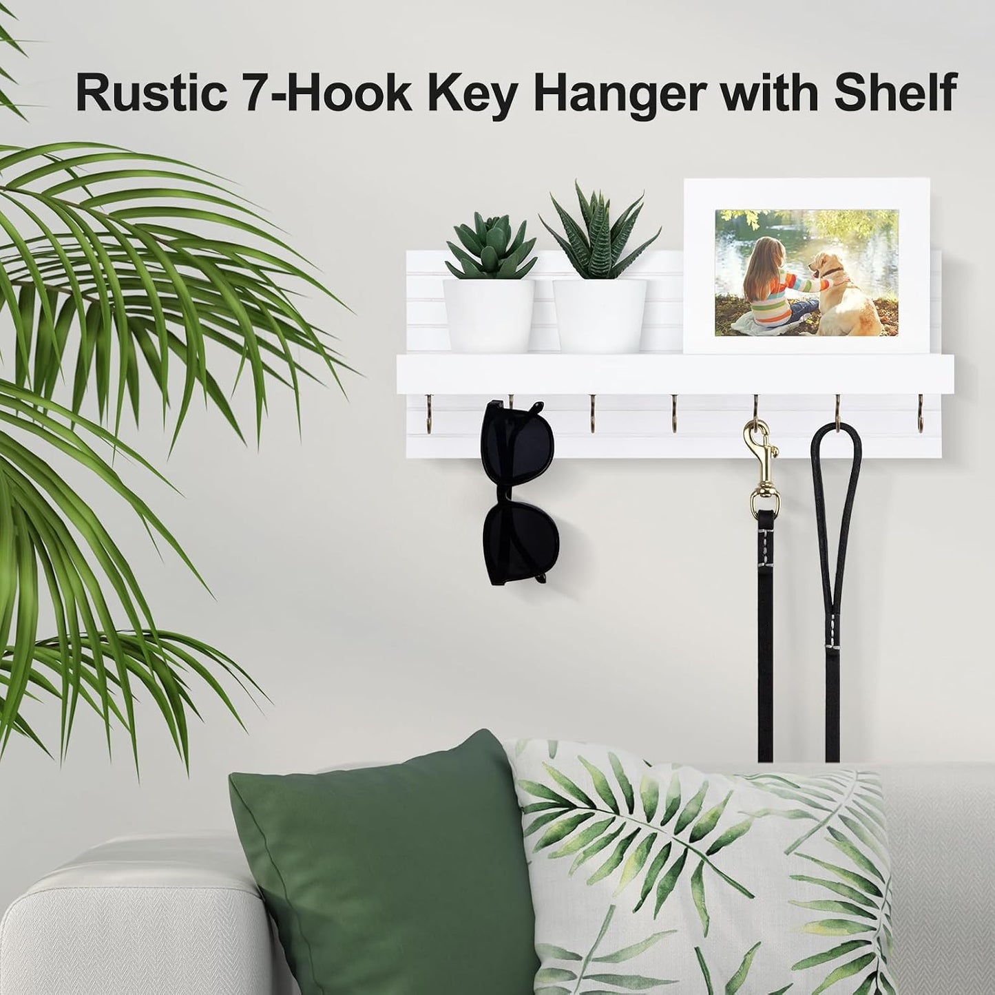 Lwenki Decorative Key Holder for Wall with Shelf, Entryway Shelf with Hooks Holds Leashes, Jackets and Glasses – Sturdy Wood Keyholder Entrance Hanger with Mounting Hardware (Black, Medium)