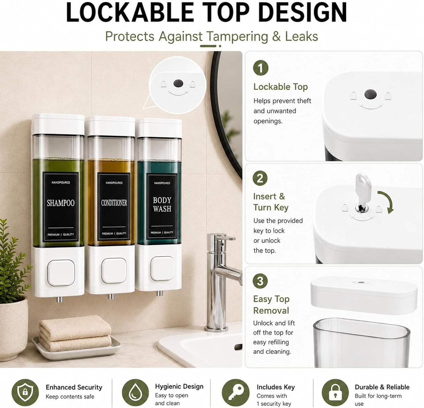 Shampoo and Conditioner Dispenser, Shower Soap Dispenser Wall Mounted, Shower Dispenser 3 Chamber No Drill for Bathroom Large Capacity (Silver)