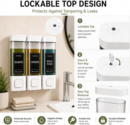 Shampoo and Conditioner Dispenser, Shower Soap Dispenser Wall Mounted, Shower Dispenser 3 Chamber No Drill for Bathroom Large Capacity (Silver)
