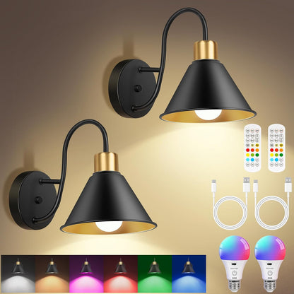 Frideko Rechargeable Wall Sconces Set of Two with Remote, RGB 15 Colors Dimmable Battery Operated Wall Lights for Living Room Bedroom, Indoor Black Wall Lamp with Timer Wireless