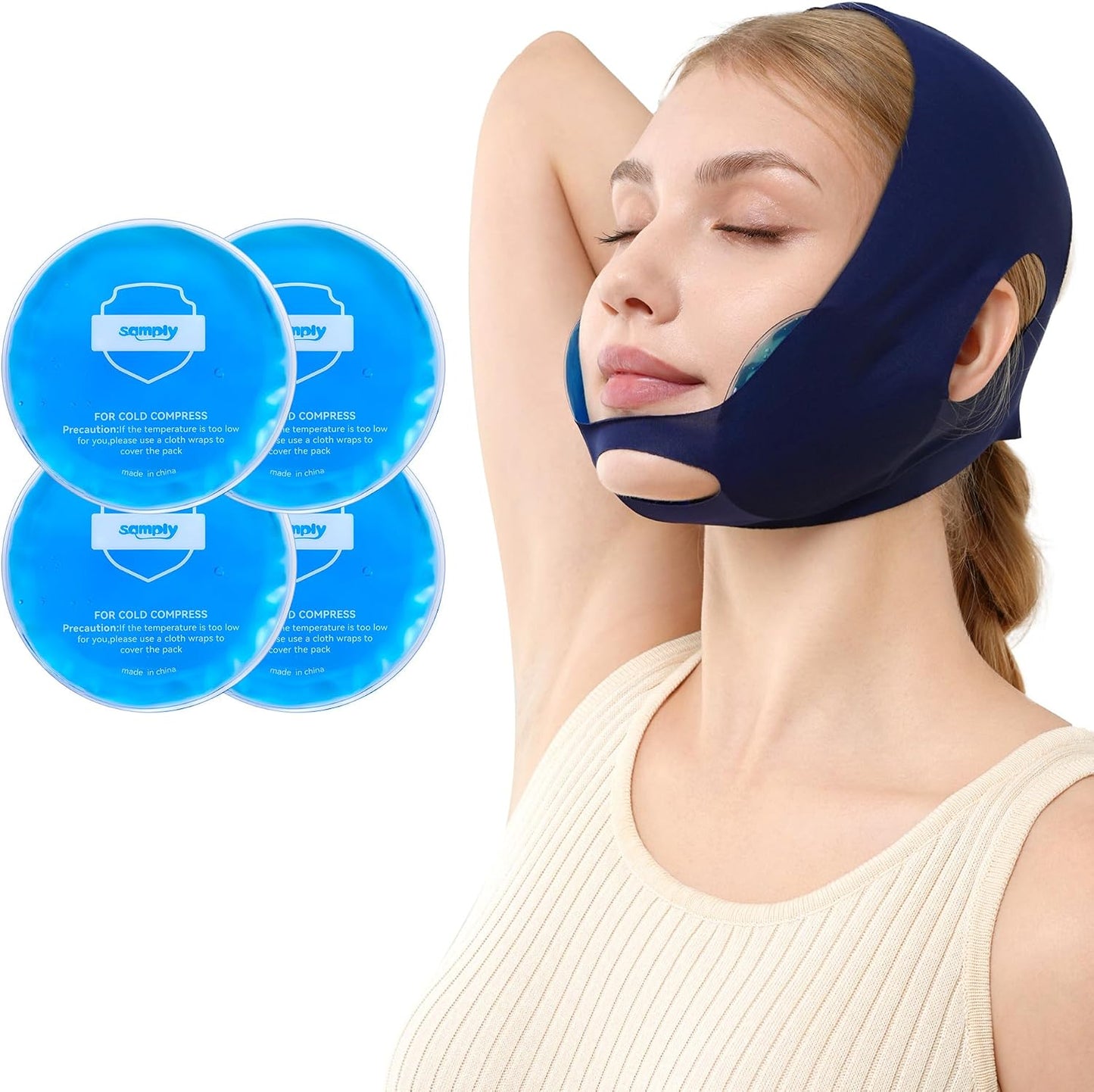 samply Wisdom Teeth Gel Ice Packs, Face Wrap for Jaw & Cheek, Cold Packs | Adjustable wrap cools both cheeks at once. Includes 4 reusable gel packs for dental recovery, swelling and jaw discomfort.