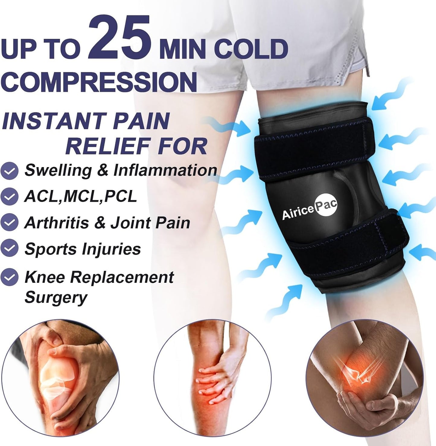 AiricePac 2 Ice Pack for Knee Pain Relief, Reusable Gel Ice Wrap for Injuries, Swelling, Knee Replacement Surgery, Cold Compress Therapy for Arthritis, Meniscus Tear and ACL, Blue