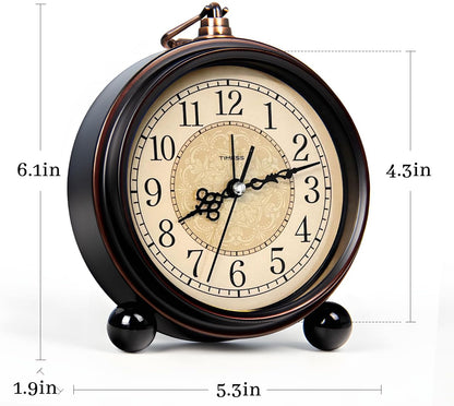 TIMESS 4.3-Inch Vintage Analog Alarm Clock, Silent Non-Ticking, Brown