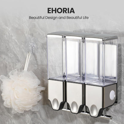 EHORIA Shampoo and Conditioner Dispenser, Shower Soap Dispenser | Shower Dispenser 3 Chamber No Drill, Wall Mounted Refillable Bottles, Shower Accessories for Bathroom, RV&Hotel,18.6oz 3 in 1