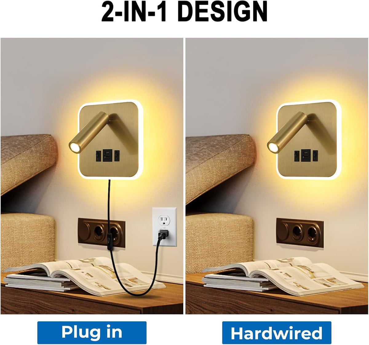 Wall Sconce Plug in with Wall Mounted Reading Lights,Modern Wall Lamp for Bedroom with Charging Station USB C+A Ports,Headboard Bedside Lamps with 3W+9W Night Light,3 Color Temperature