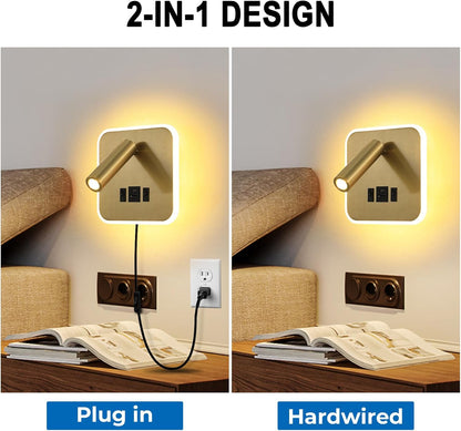 Wall Sconce Plug in with Wall Mounted Reading Lights,Modern Wall Lamp for Bedroom with Charging Station USB C+A Ports,Headboard Bedside Lamps with 3W+9W Night Light,3 Color Temperature