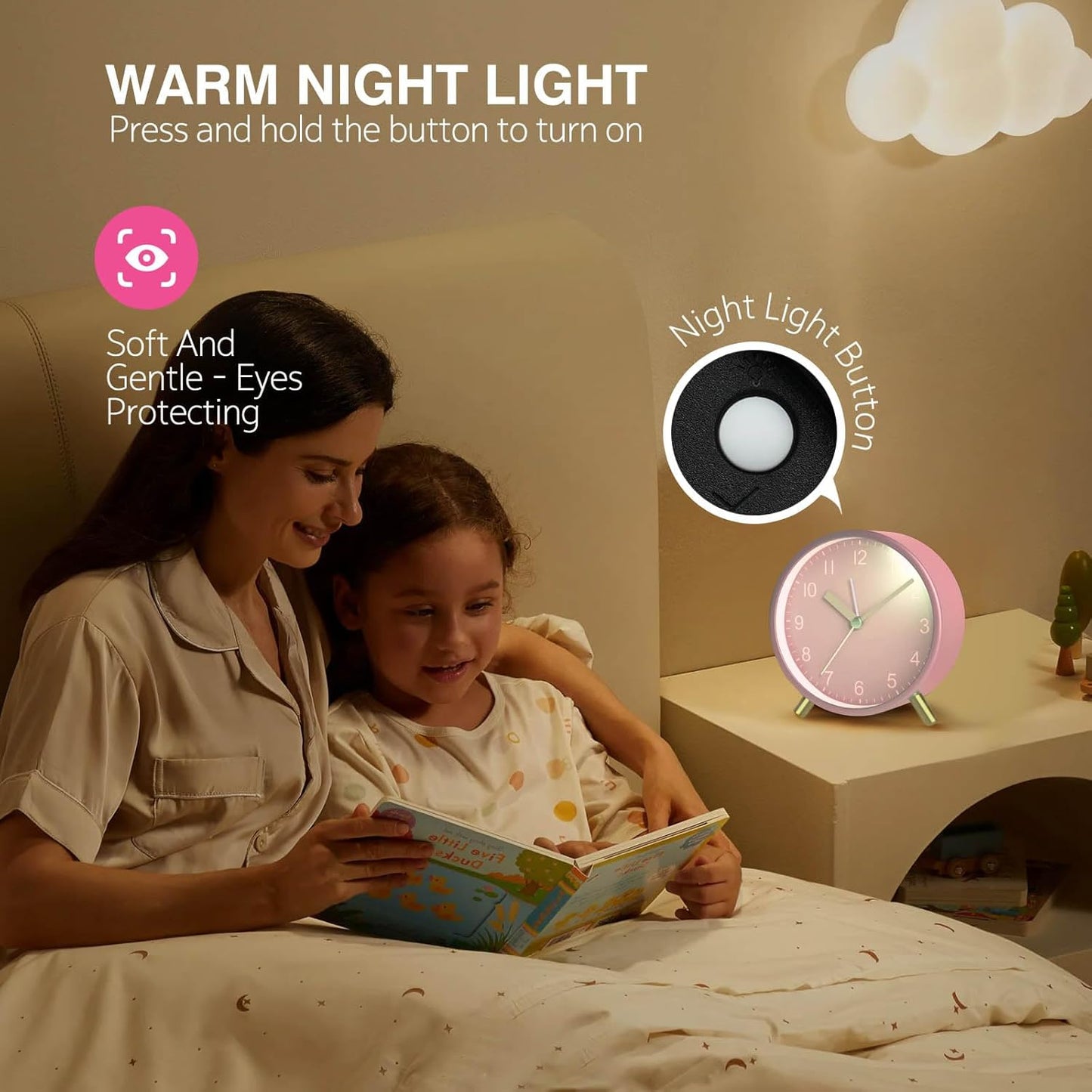 Back to School Silent Analog Quartz Alarm Clock for Kids Bedroom,Night Light, Battery Operated, Fashionable Round Metal