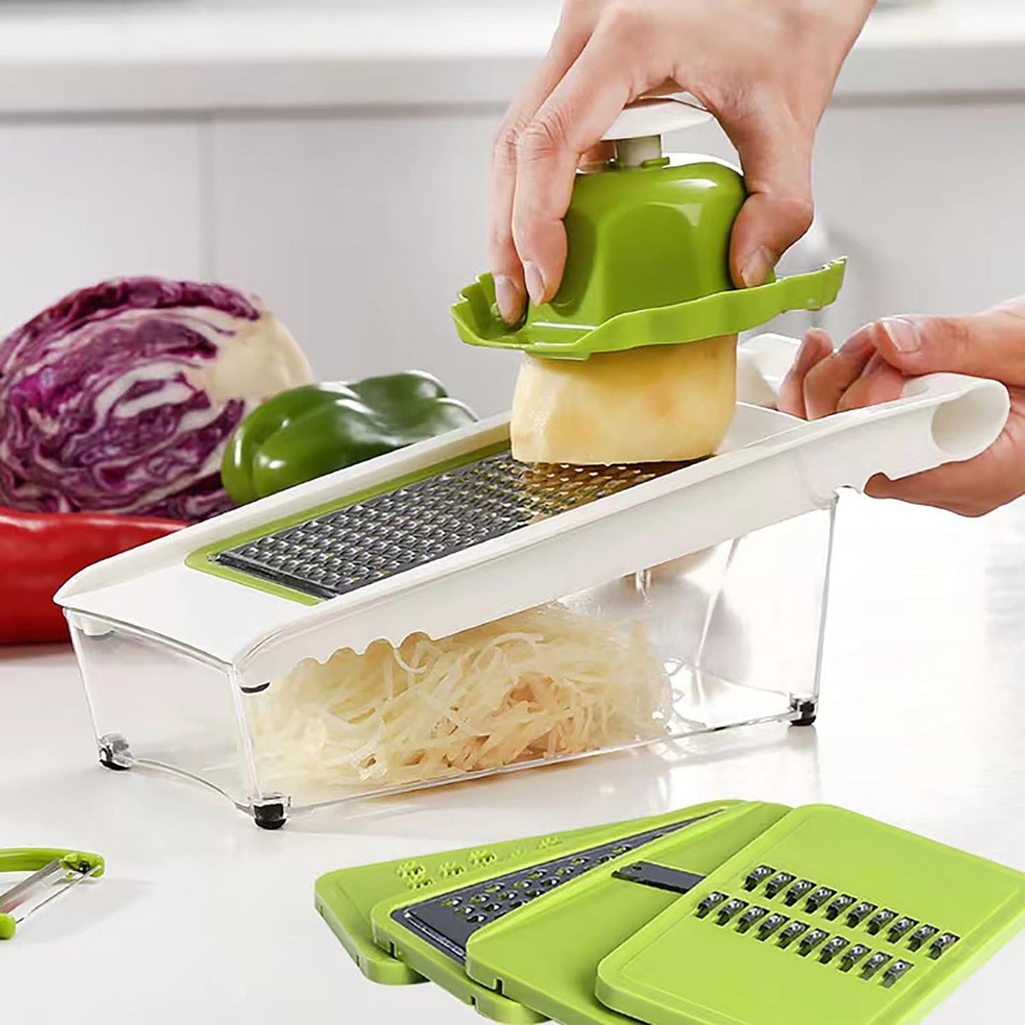 NACOLUS Cheese Grater with Container,5 In 1 Mandoline Slicer for Kitchen,Multi Purpose Vegetable Slicer, Easy to Clean Vegetable Chopper,Cheese Shredder,Julienne Slicer and Peeler | all-in-one vegetable slicer&cheese grater,with container or use