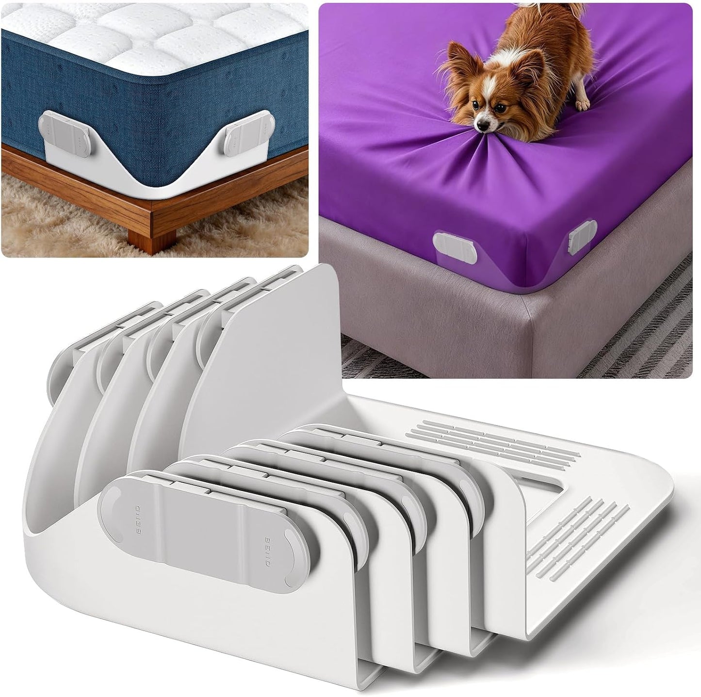 B-Land Bed Sheet Holders for Corners:4 Pack Non-Stretch External Clips- Fitted Sheet Grippers for Deep Pockets- No-Lift for Dorm & RV Beds, Keep Sheets Tight on Memory Foam & Twin-King (White+Grey)