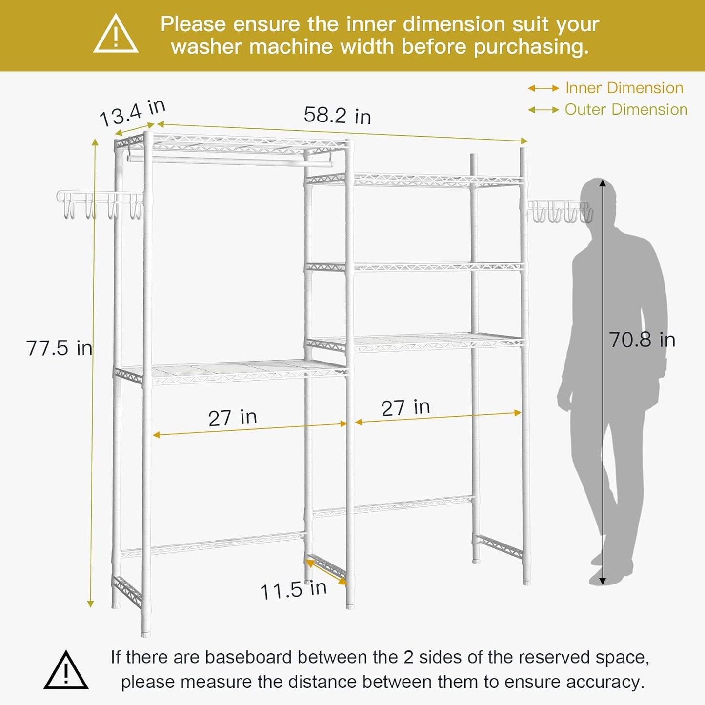 U5 Over the Washer and Dryer Storage Shelf, Laundry Room Space Saver | Bathroom Storage and Organizer Rack for Hanging Towel and Drying Clothes with 5 Wire Shelves, Black