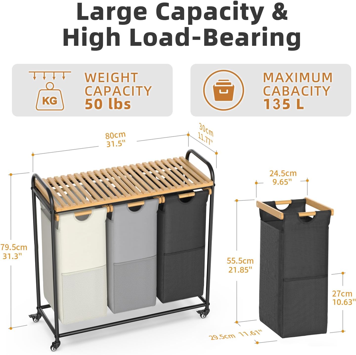 BambooHomie Laundry Hampers 3 Section, Laundry Sorter with Removable Shelf and Pull-Out Bags, Rolling Cart Clothes Hampers Basket with Wheels for Laundry Room Bathroom, 3 x 45 L (Black Beige Gray)