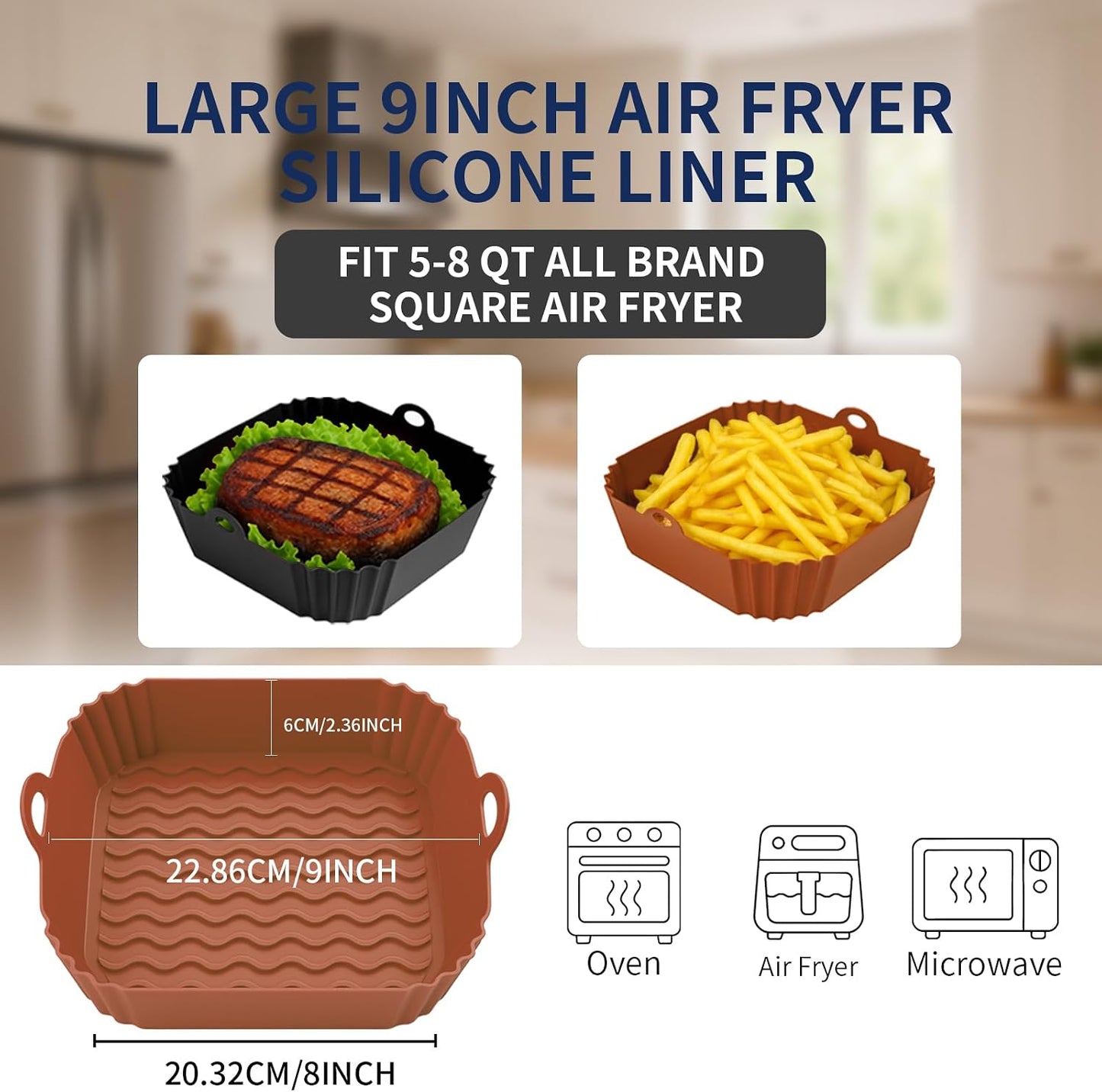Boribim 2 PCS Square Silicone Air Fryer Liners - 8 Inch Reusable Air Fryer Pot - Air Fryer Accessories - Air Fryer Inserts for 4 to 7 QT Oven Microwave Accessories (Red + Blue)