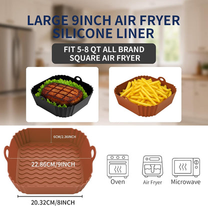 Boribim 2 PCS Square Silicone Air Fryer Liners - 8 Inch Reusable Air Fryer Pot - Air Fryer Accessories - Air Fryer Inserts for 4 to 7 QT Oven Microwave Accessories (Red + Blue)