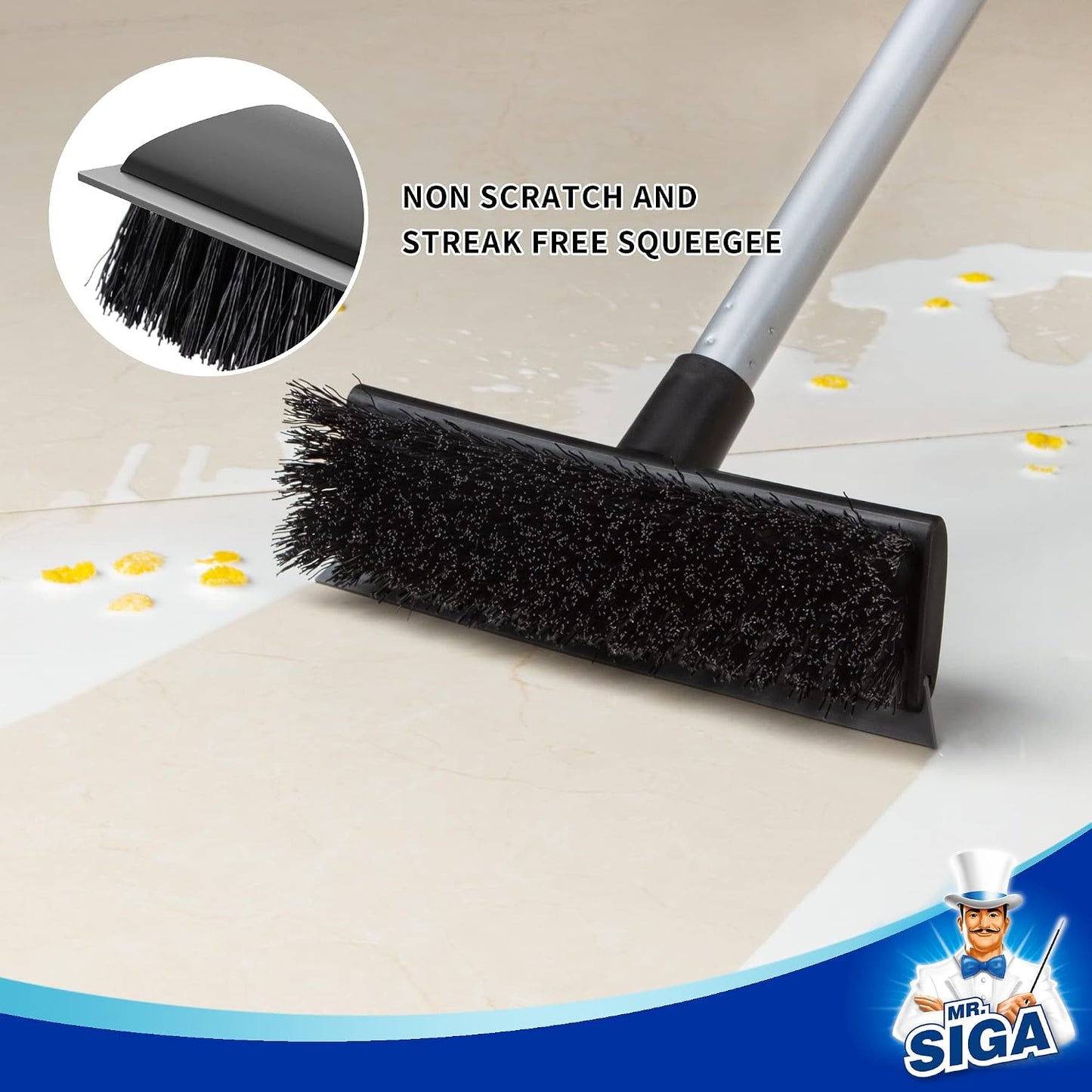 MR.SIGA Floor Scrub Brush with Long Handle for Cleaning Cleaning Bathroom | Shower floor scrubber, 2 in 1 scrubber and squeegee for cleaning patio, garage, wall, tile with stiff Bristles