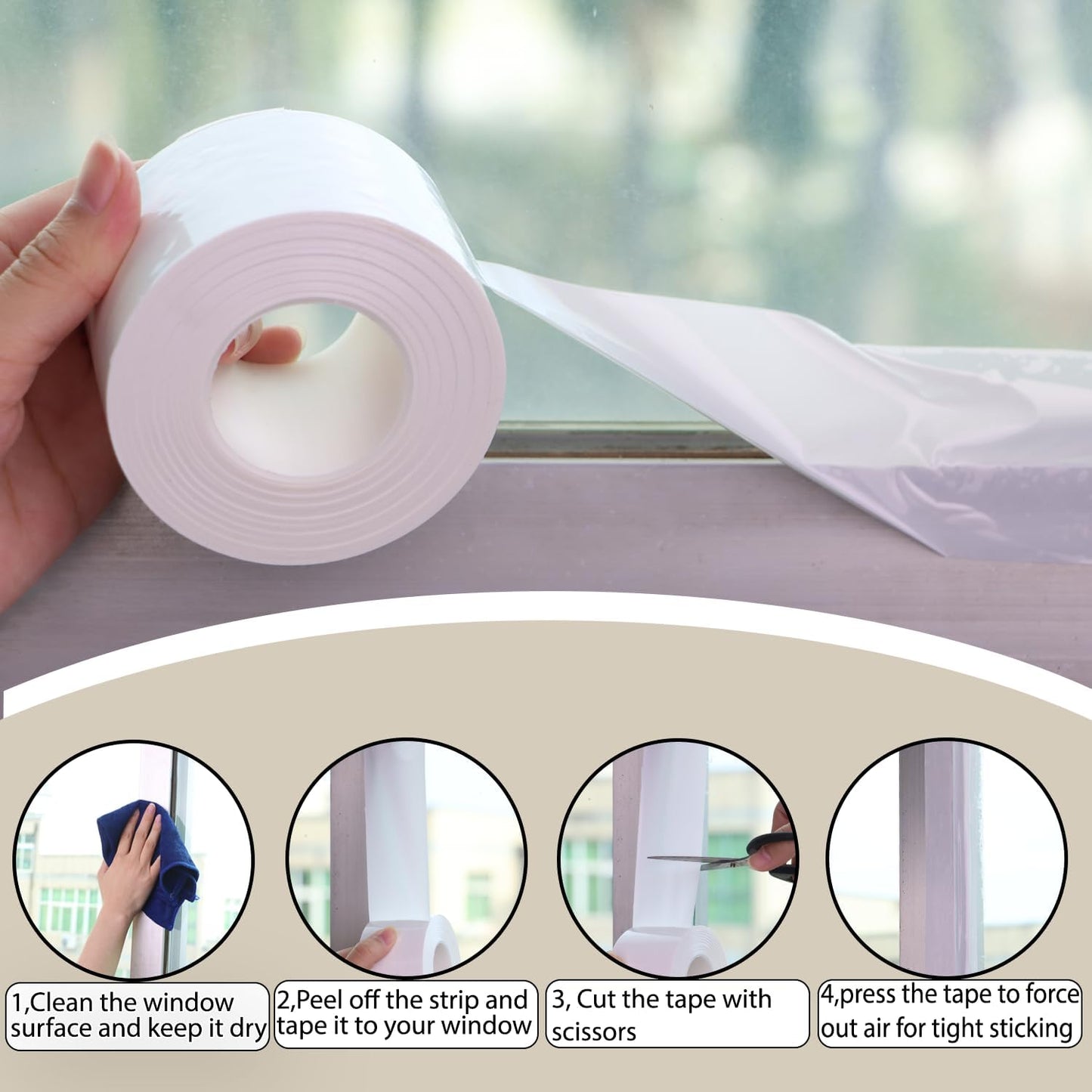 Window Sealing Tape 2 Inch x 33 FT Transparent Window Draft Insulation Residue-Free Clear Weather Stripping Caulk Tape Windproof Weatherproof Window Seal AC Units for Window Glass, Doors Gaps