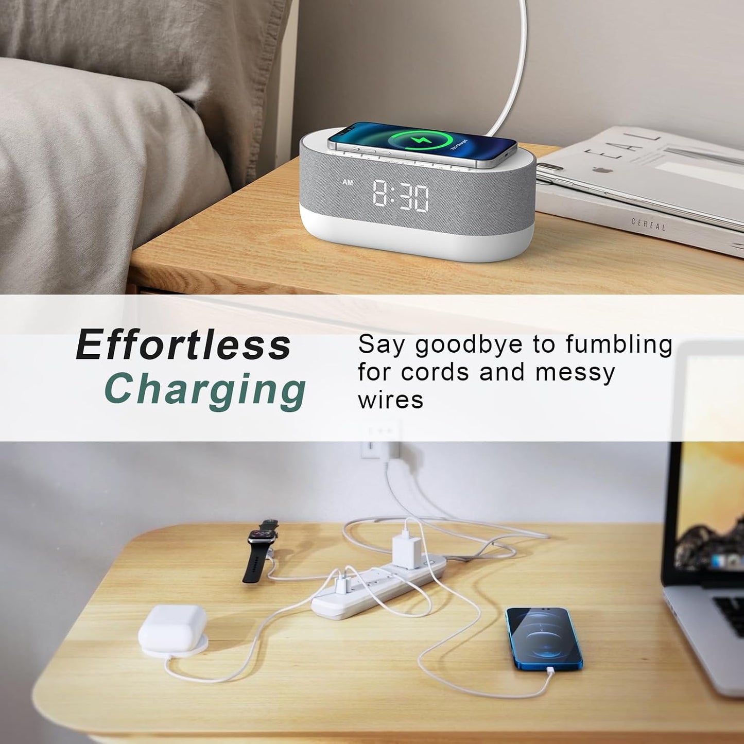 HOUSBAY 3 in 1 Sound Machine Alarm Clock& Wireless Charger: Soothing White Noise, Bluetooth Music Relaxation & Customized Sleep-Wake Routine | Bluetooth Music Relaxation, White Noise for Sleeping, Dimmable Clock for Bedroom, Customized Sleep-Wake Routine
