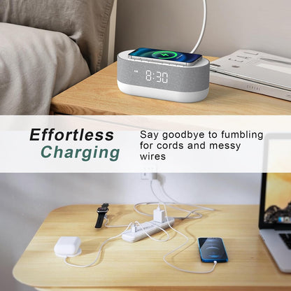HOUSBAY 3 in 1 Sound Machine Alarm Clock& Wireless Charger: Soothing White Noise, Bluetooth Music Relaxation & Customized Sleep-Wake Routine | Bluetooth Music Relaxation, White Noise for Sleeping, Dimmable Clock for Bedroom, Customized Sleep-Wake Routine