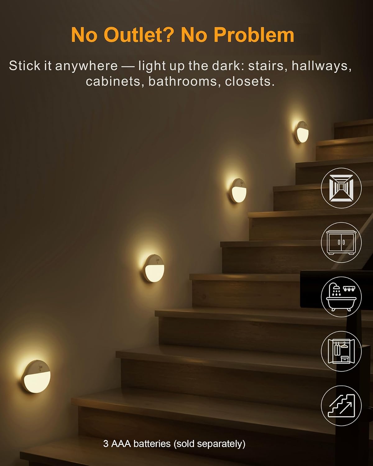 Small Motion Sensor Amber Night Light Battery Operated, Toilet Light | 2 Pack, 3 Modes, Dimmable 1-15lm, Dim Light Soft Glow, No Plug, Wireless Stick on Light for Bedroom, Sleep, Bathroom, Kids